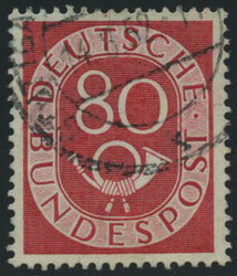 80 Pf. Posthorn 1951, gestempeltes Prachtstück mit dem Plattenfehler ...